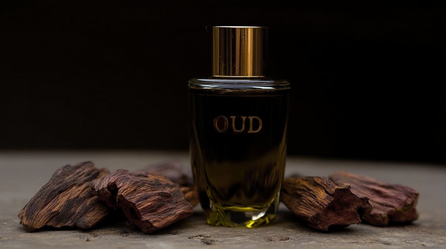 Oud oil bottle beside raw agarwood pieces