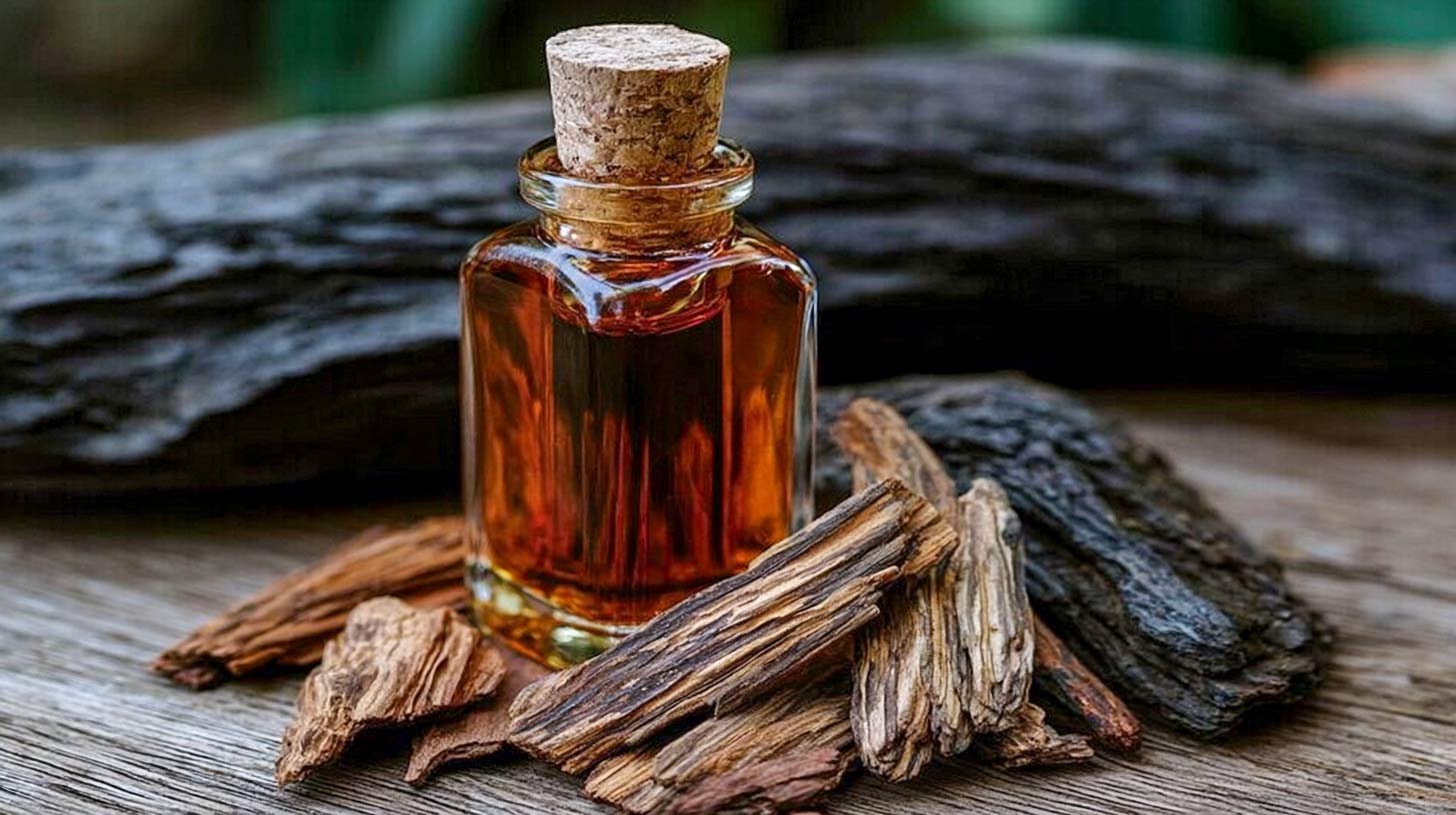 Oud oil in corked bottle next to agarwood wood chips showing resin grain