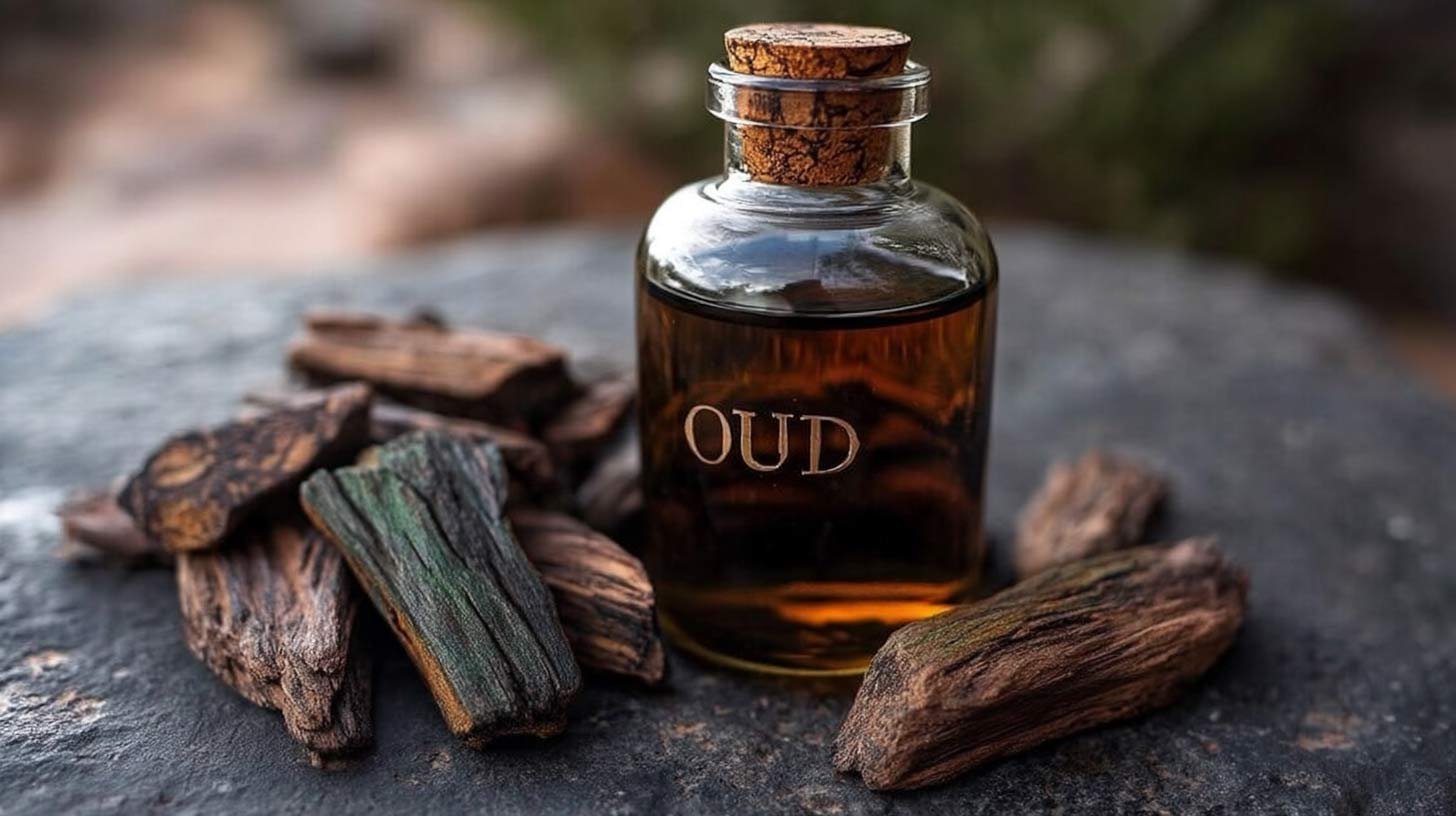 Oud oil bottle surrounded by agarwood wood chips on stone