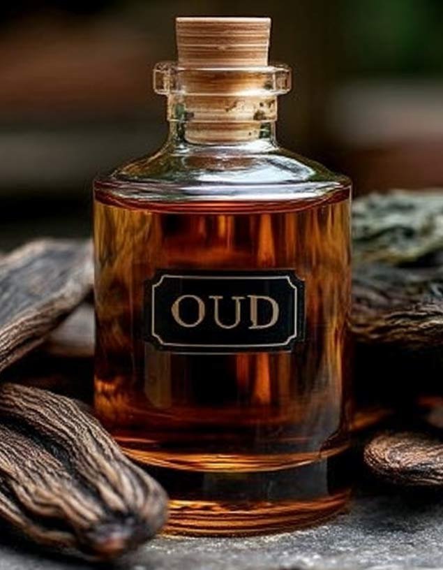 Dark amber oud oil bottle with agarwood bark
