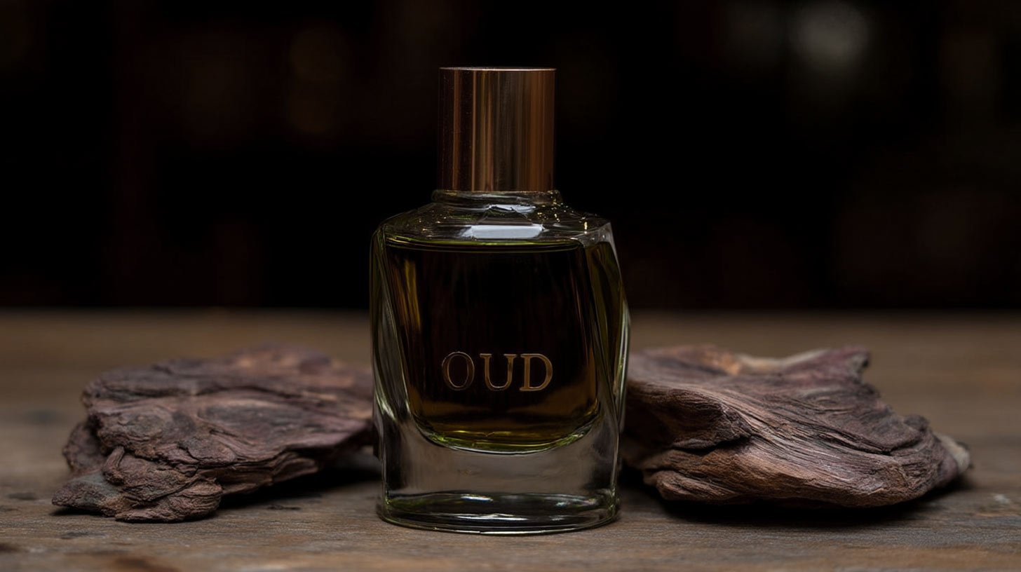 Minimalist oud oil bottle with agarwood wood pieces