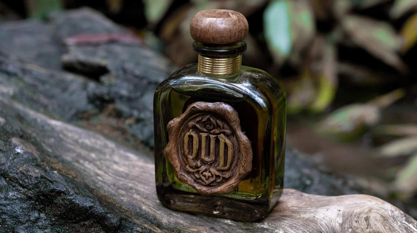 Bottle of oud oil with wax seal on driftwood, agarwood fragrance